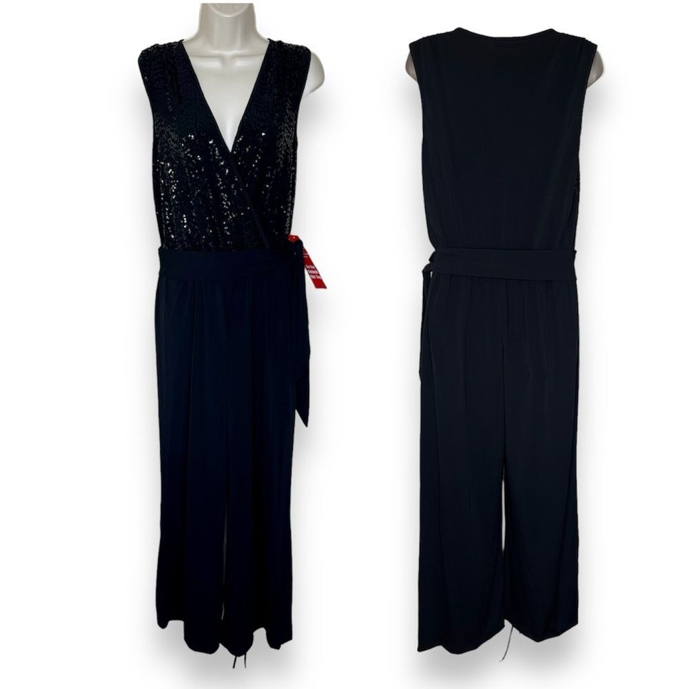 NWT Spense Sequin Jumpsuit Black Surplice Wrap Top Pull Up Tie Waist Women 6